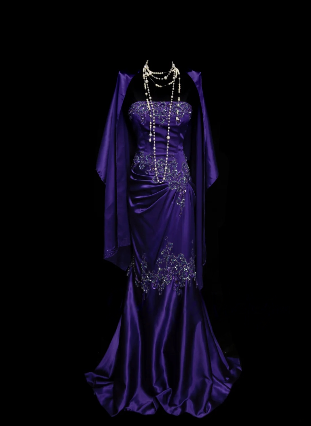 Strapless Purple Satin Prom Dress Applique Formal Party Dress