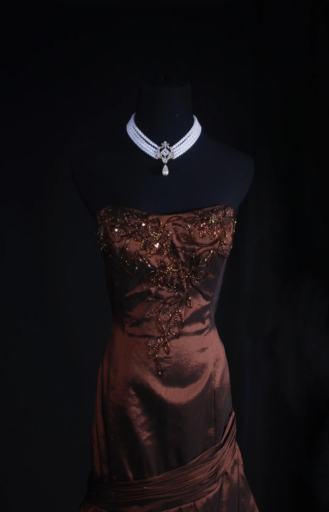 Strapless Brown Beaded Satin Prom Dress Layered Formal Evening Dress J9417
