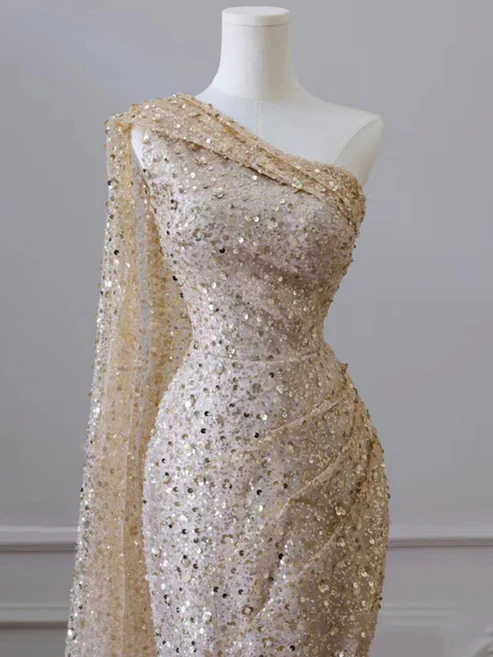 One Shoulder Gold Prom Dress Mermaid Sequin Evening Dress J9422