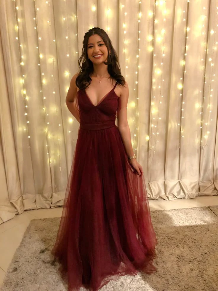 A-Line Tulle Burgundy Long Evening Party Gowns Formal Prom Dress