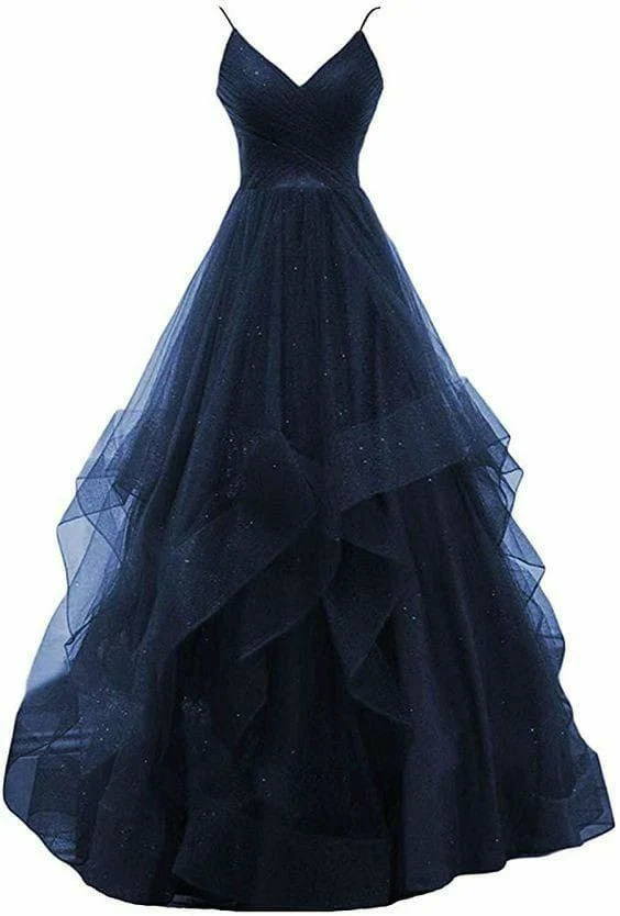 Ball Gown Spaghetti Straps Navy Blue Tulle Evening Dress Formal Dresses Prom Dress