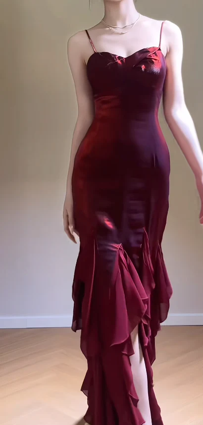 Spaghetti Strap Sheath Long Prom Dresses Burgundy Ruffle Evening Dresses