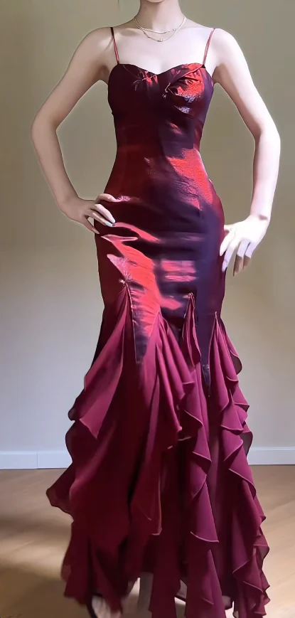 Spaghetti Strap Sheath Long Prom Dresses Burgundy Ruffle Evening Dresses