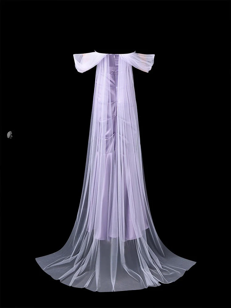 Mermaid Long Prom Dresses Off-The-Shoulder Satin Lavender Formal Dresses J9428