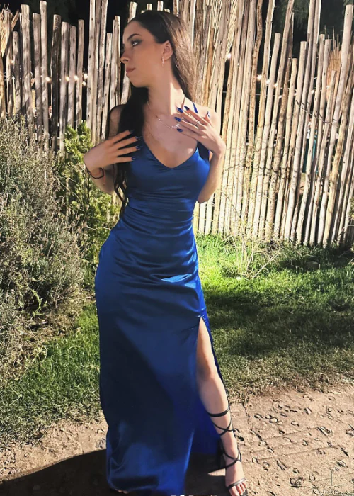 Spaghetti Strap Sheath Long Prom Dresses Satin Navy Blue Evening Dresses with Slit