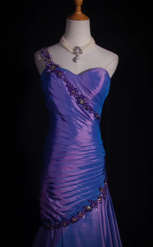 One Shoulder Mermaid Purple Long Prom Dresses Taffeta Evening Dresses J9434