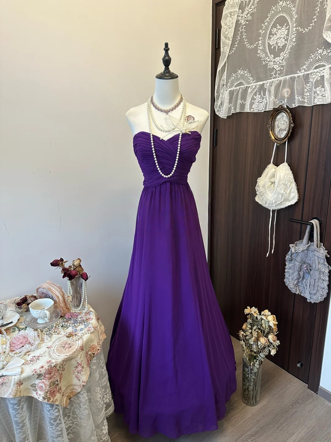 Sweetheart Purple Chiffon Prom Dress Formal Wedding Guest Dress