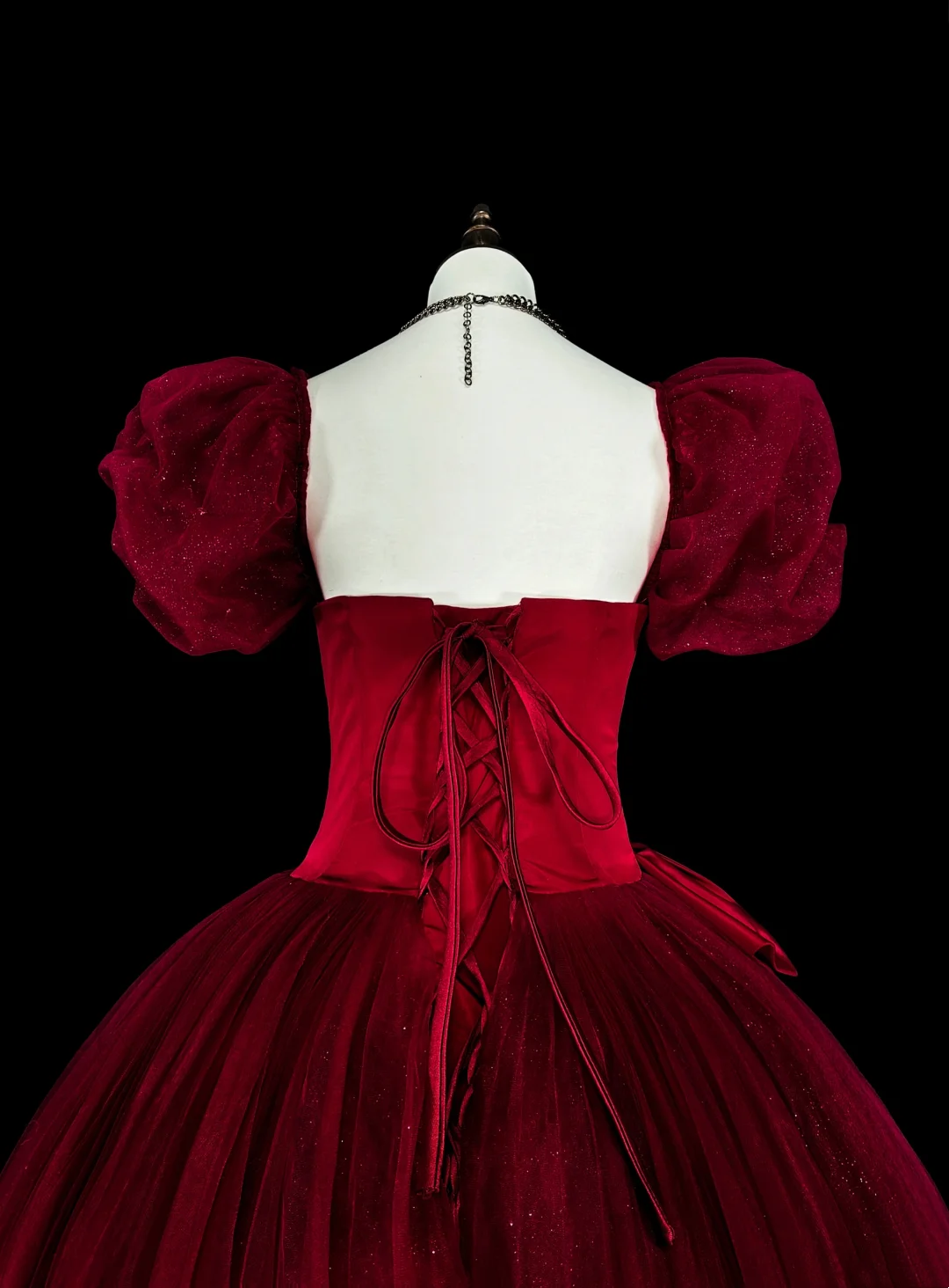 A-Line Burgundy Tulle Prom Dress Short Sleeves Birthday Dress