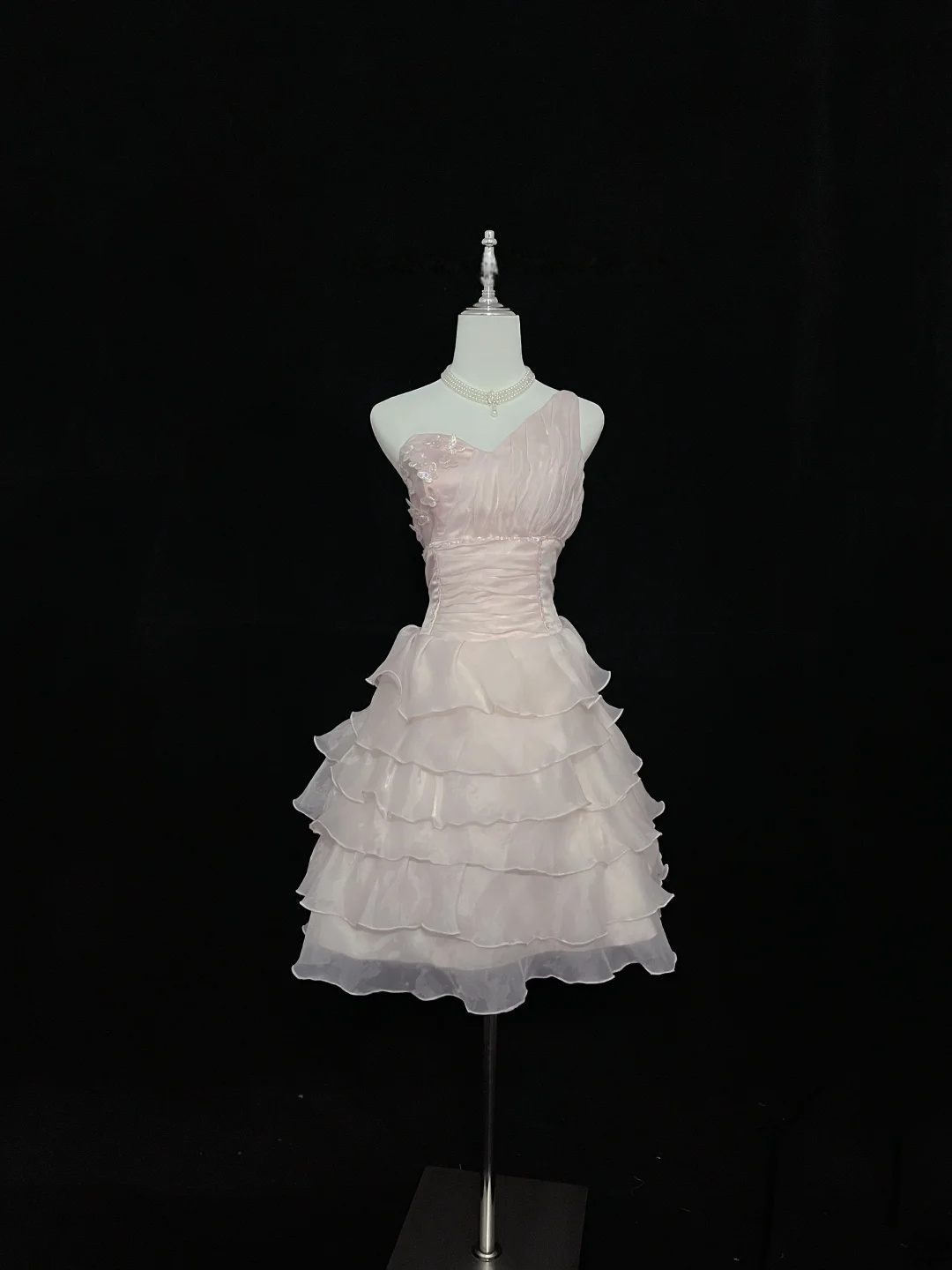 One-Shoulder Pink Layered Short Dress Organza Birthday Dress