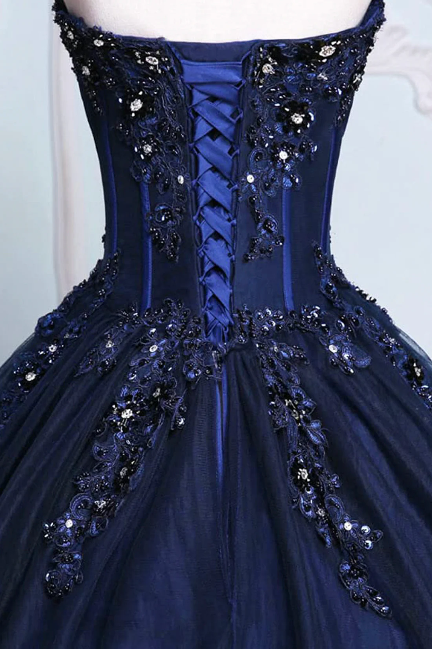 Sweetheart Navy Blue Beaded Applique Tulle Prom Dress J9470