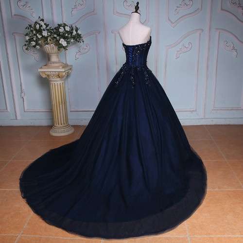 Sweetheart Navy Blue Beaded Applique Tulle Prom Dress J9470