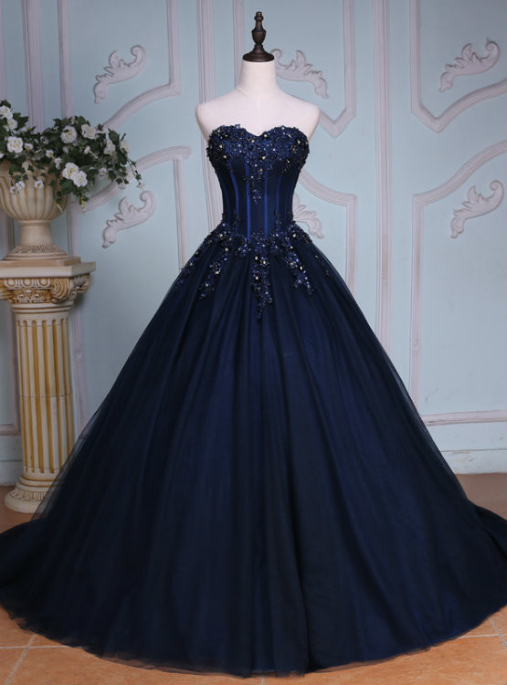 Sweetheart Navy Blue Beaded Applique Tulle Prom Dress J9470
