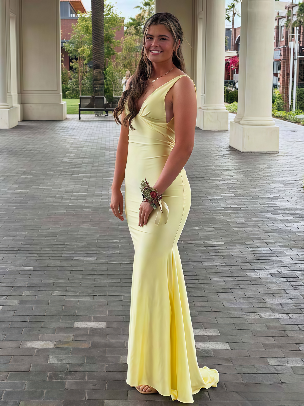 Yellow Satin Deep V-Neck Backless Mermaid Formal Prom Dress