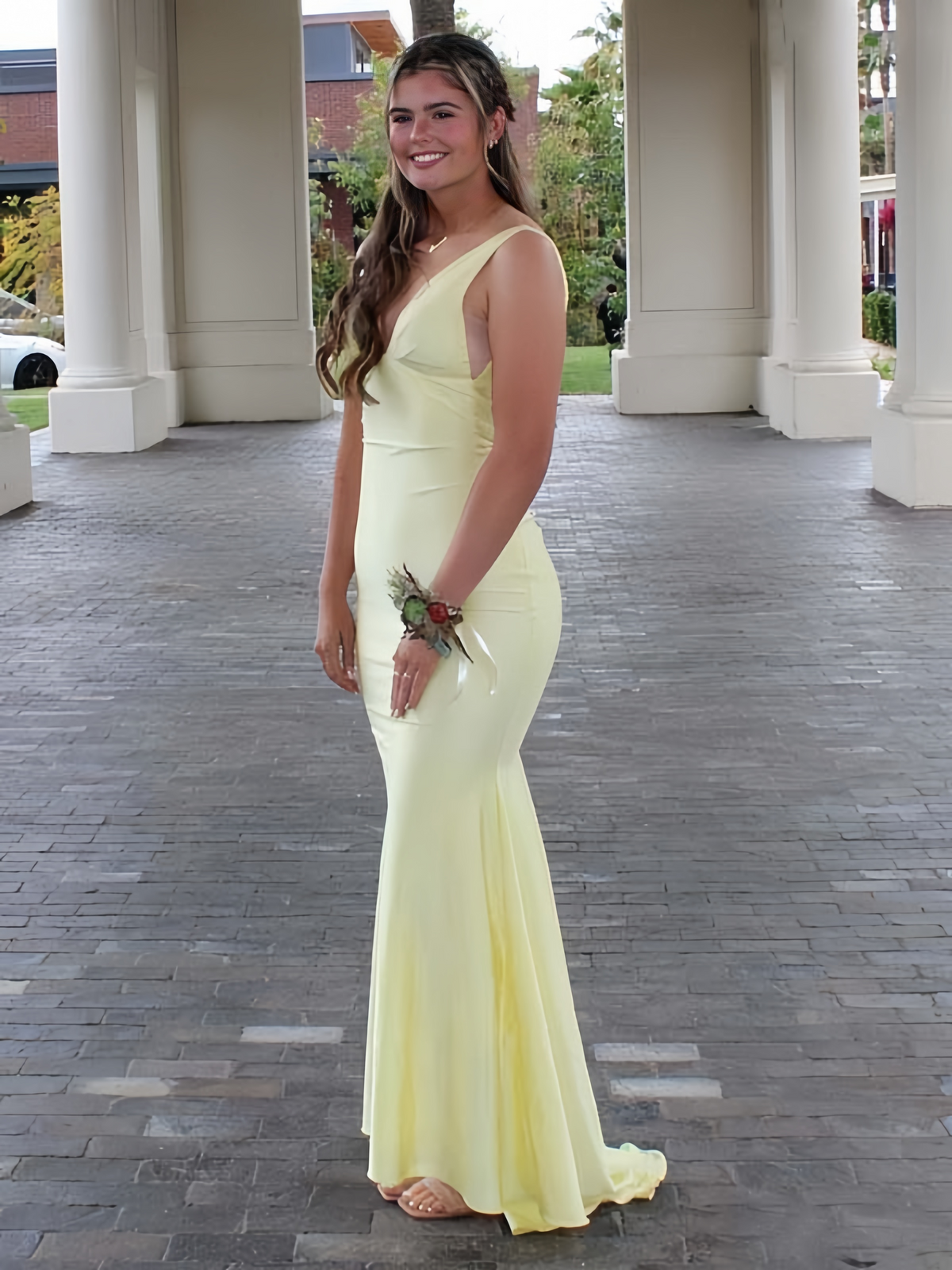 Yellow Satin Deep V-Neck Backless Mermaid Formal Prom Dress