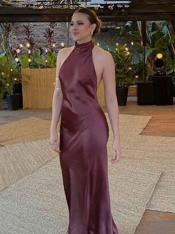 Satin Halter Turtleneck Maxi Dress Formal Wedding Guest Dress J9478