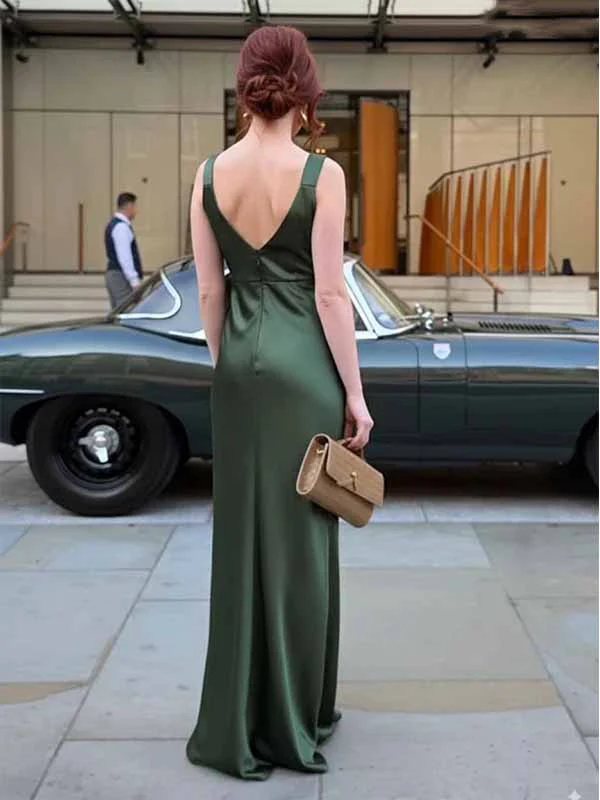 Simple Satin Dark Green V-Neck Maxi Dress Wedding Guest Dress