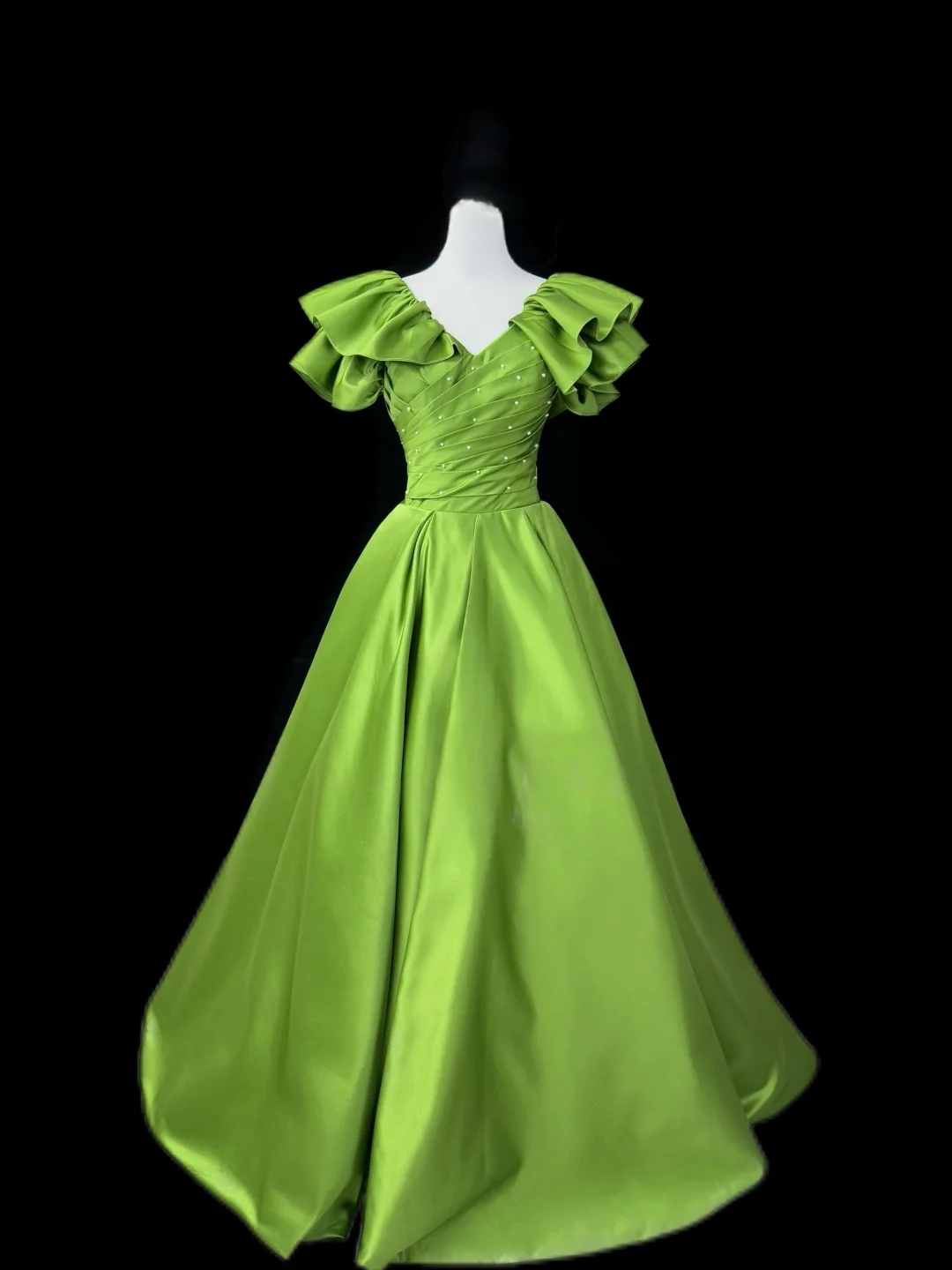 A-Line Green Prom Dress Ruffle Sleeves Formal Party Dress