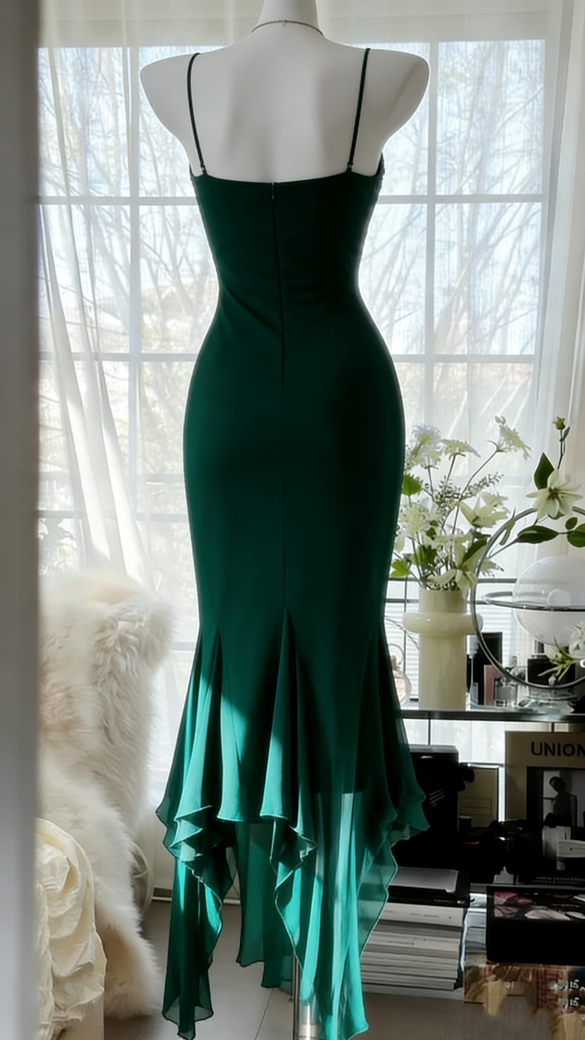 Spaghetti Straps Sheath Chiffon Beaded Prom Dresses Dark Green Evening Gowns