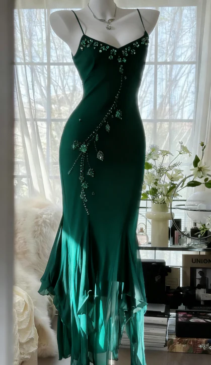 Spaghetti Straps Sheath Chiffon Beaded Prom Dresses Dark Green Evening Gowns