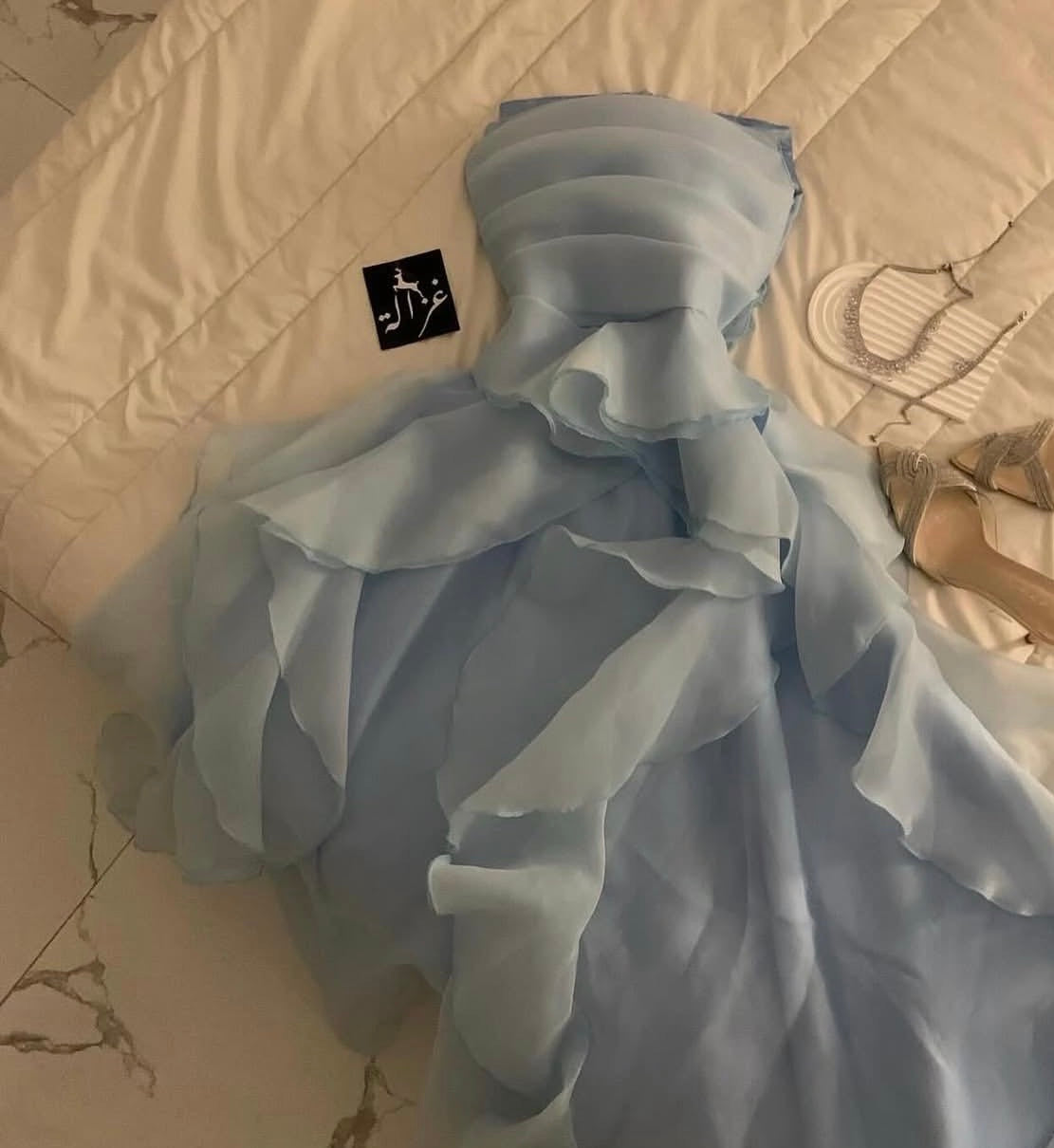 Strapless Sky Blue Prom Dress Ruffle A Line Chiffon Party Dress J9496