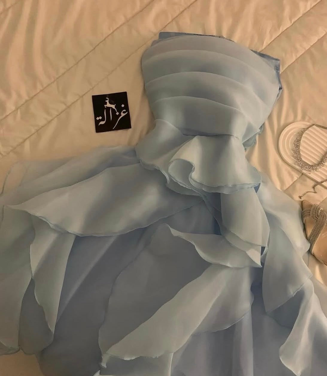 Strapless Sky Blue Prom Dress Ruffle A Line Chiffon Party Dress J9496