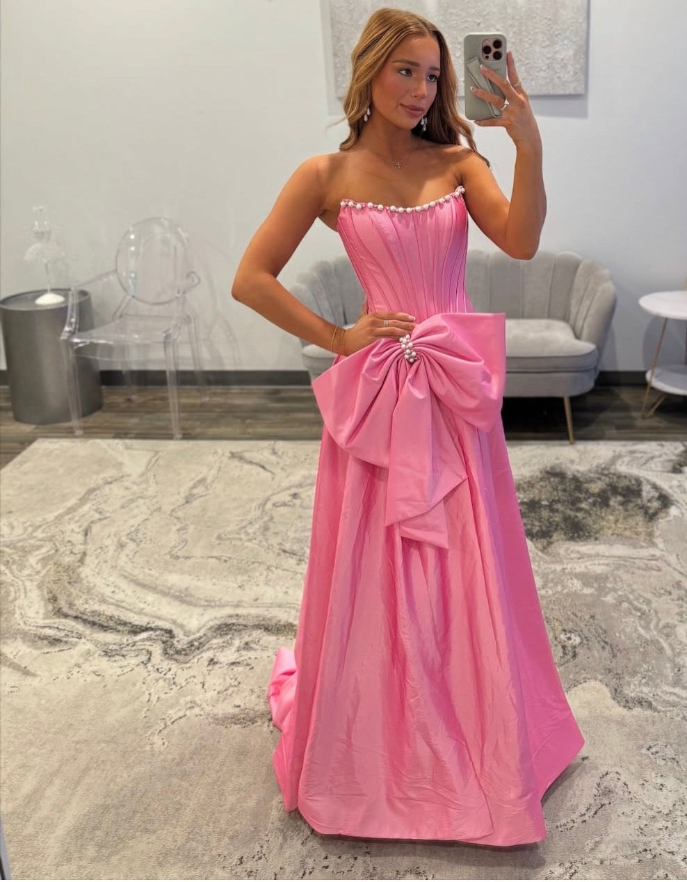 A-Line Pink Satin Prom Dress With Bow Pearls Formal Party Dress
