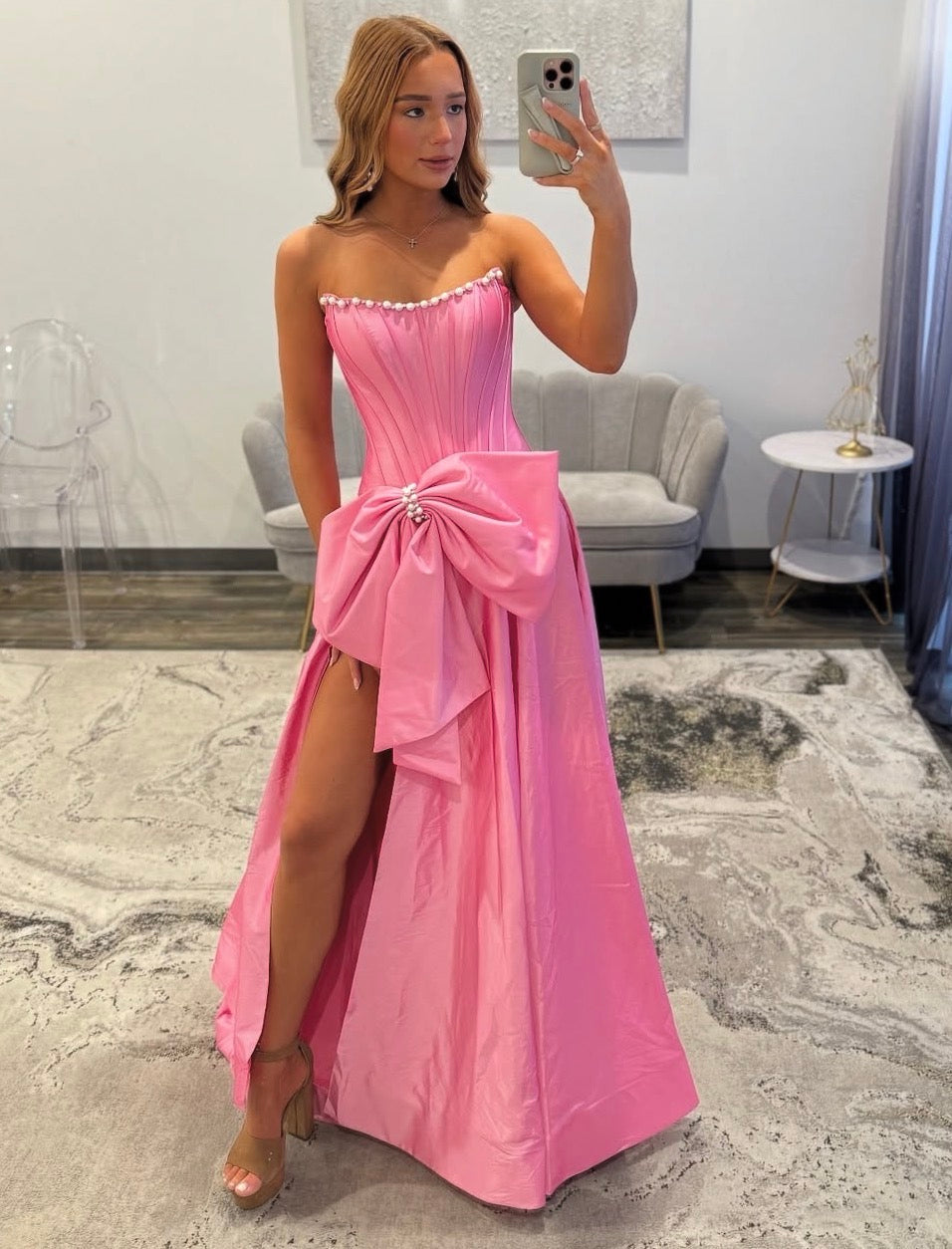 A-Line Pink Satin Prom Dress With Bow Pearls Formal Party Dress