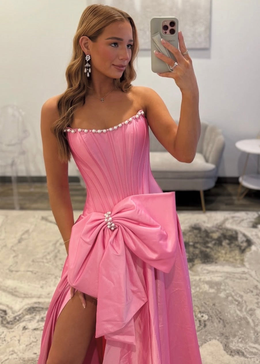 A-Line Pink Satin Prom Dress With Bow Pearls Formal Party Dress