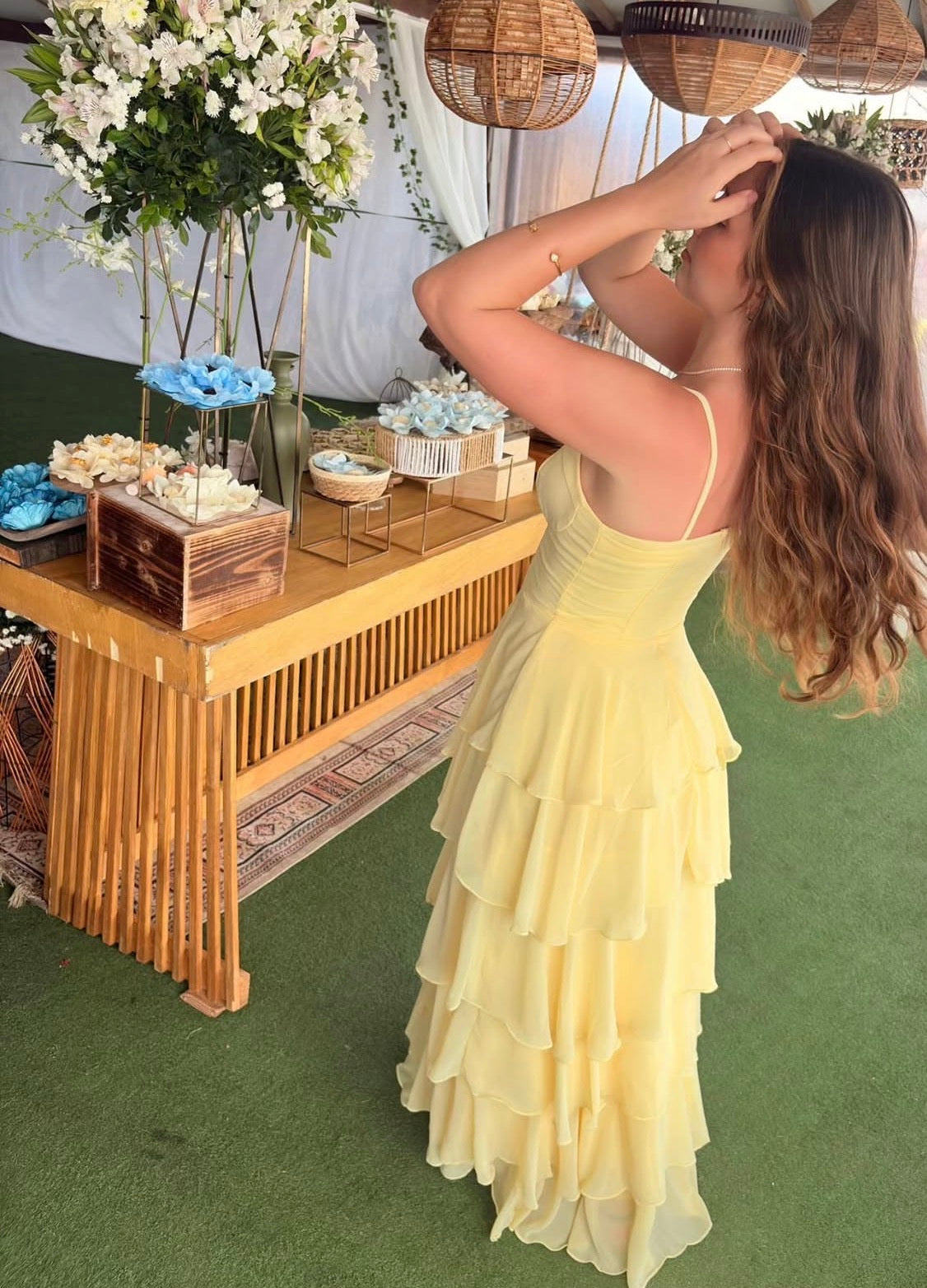 Spaghetti Strap Yellow Layered Prom Dress Chiffon Wedding Guest Dress J9509