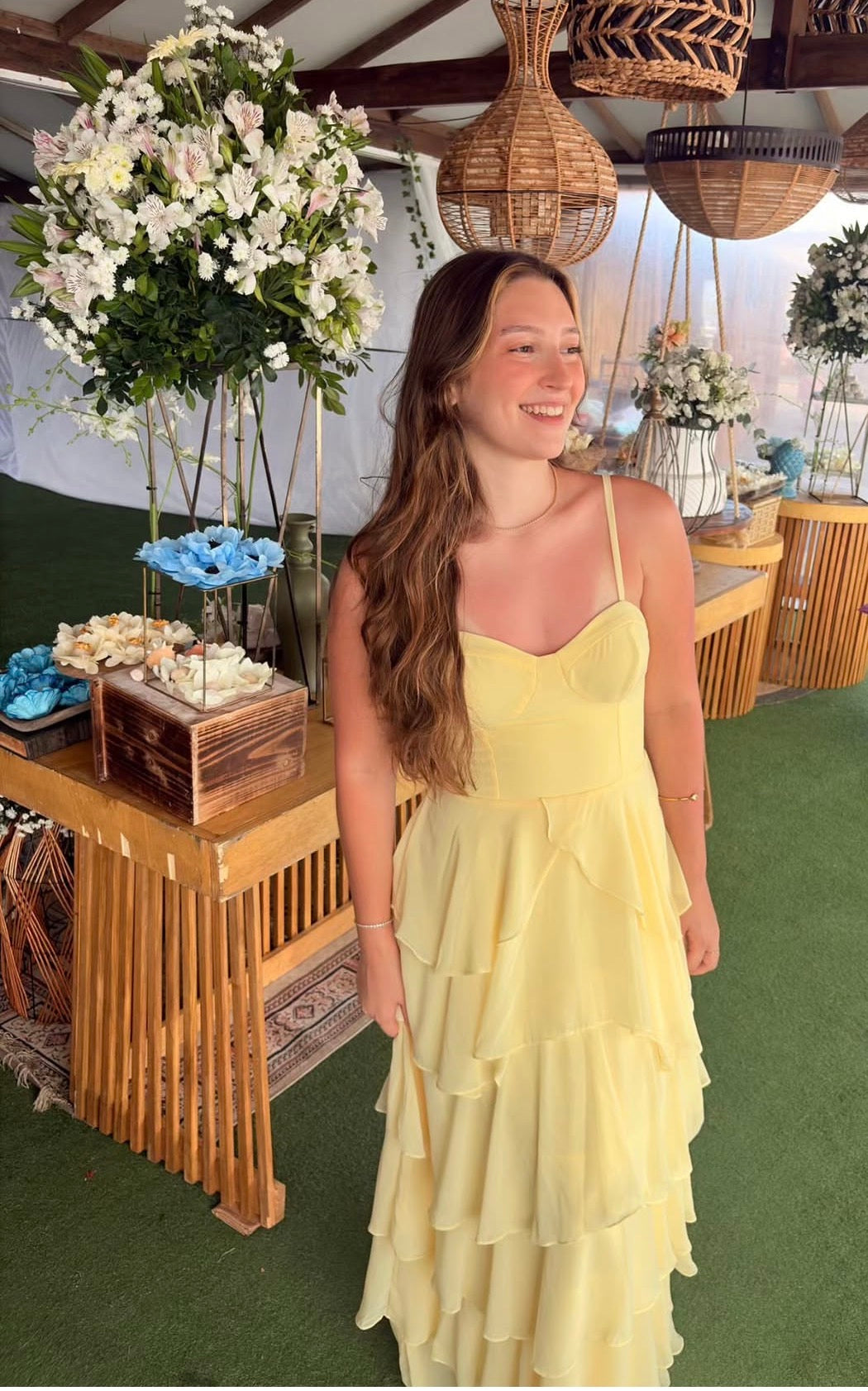 Spaghetti Strap Yellow Layered Prom Dress Chiffon Wedding Guest Dress J9509
