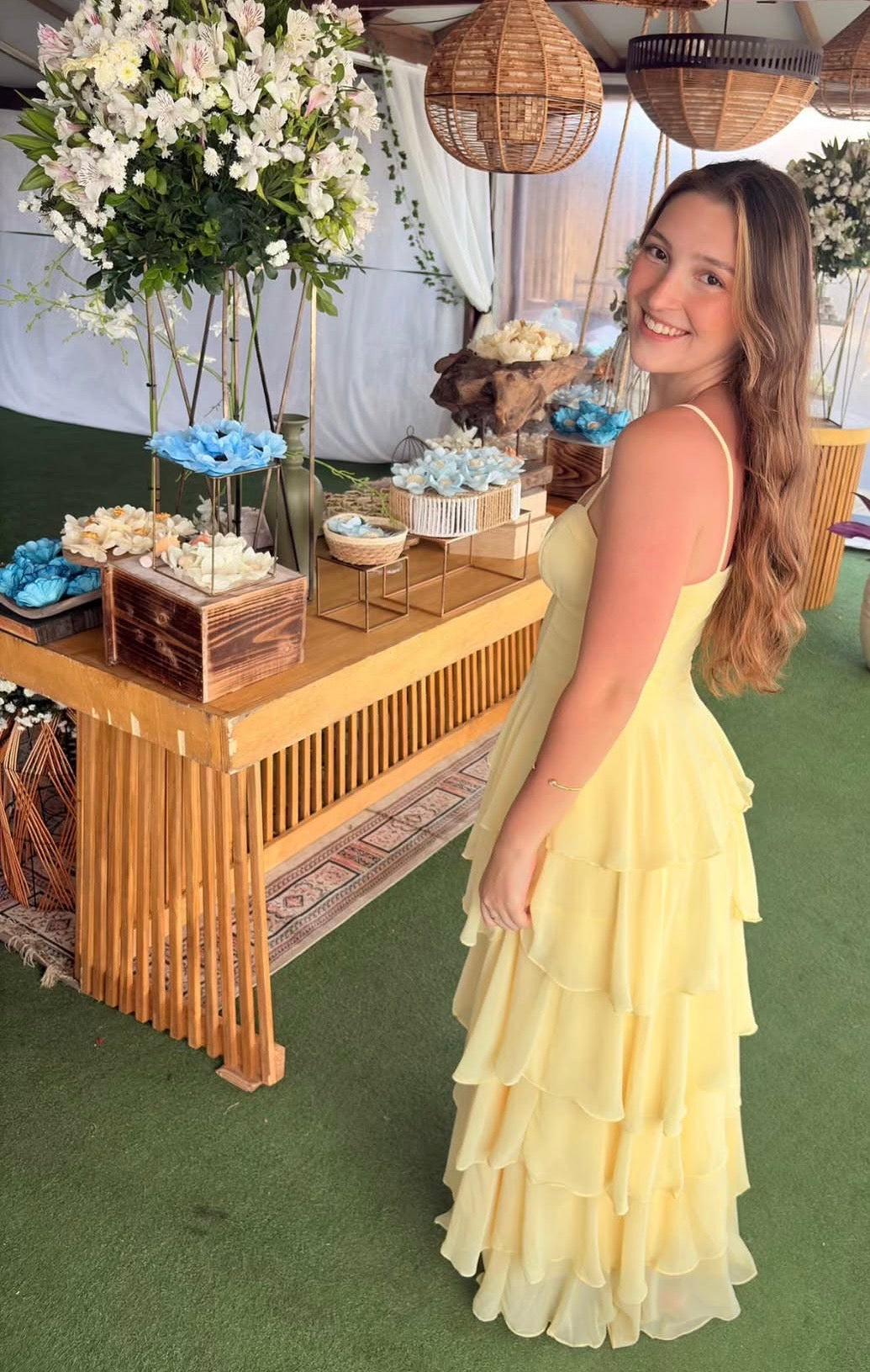 Spaghetti Strap Yellow Layered Prom Dress Chiffon Wedding Guest Dress J9509