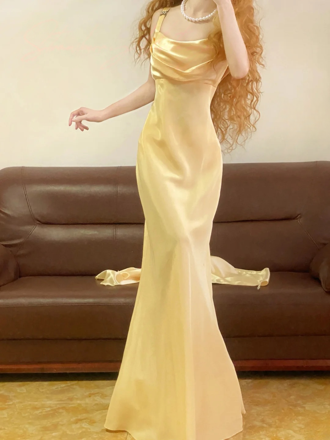 Yellow Mermaid Satin Prom Dress Vintage Formal Party Dress