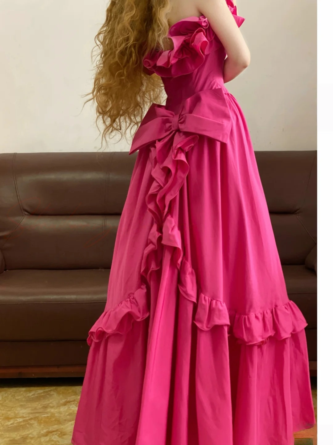 A-Line Pink Ruffled Prom Dress Formal Wedding Guest Dress
