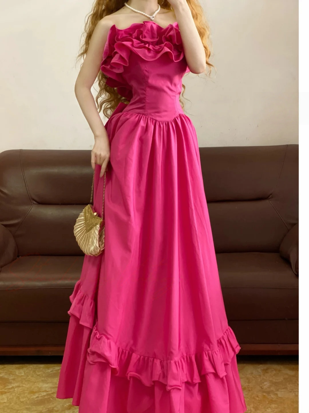 A-Line Pink Ruffled Prom Dress Formal Wedding Guest Dress