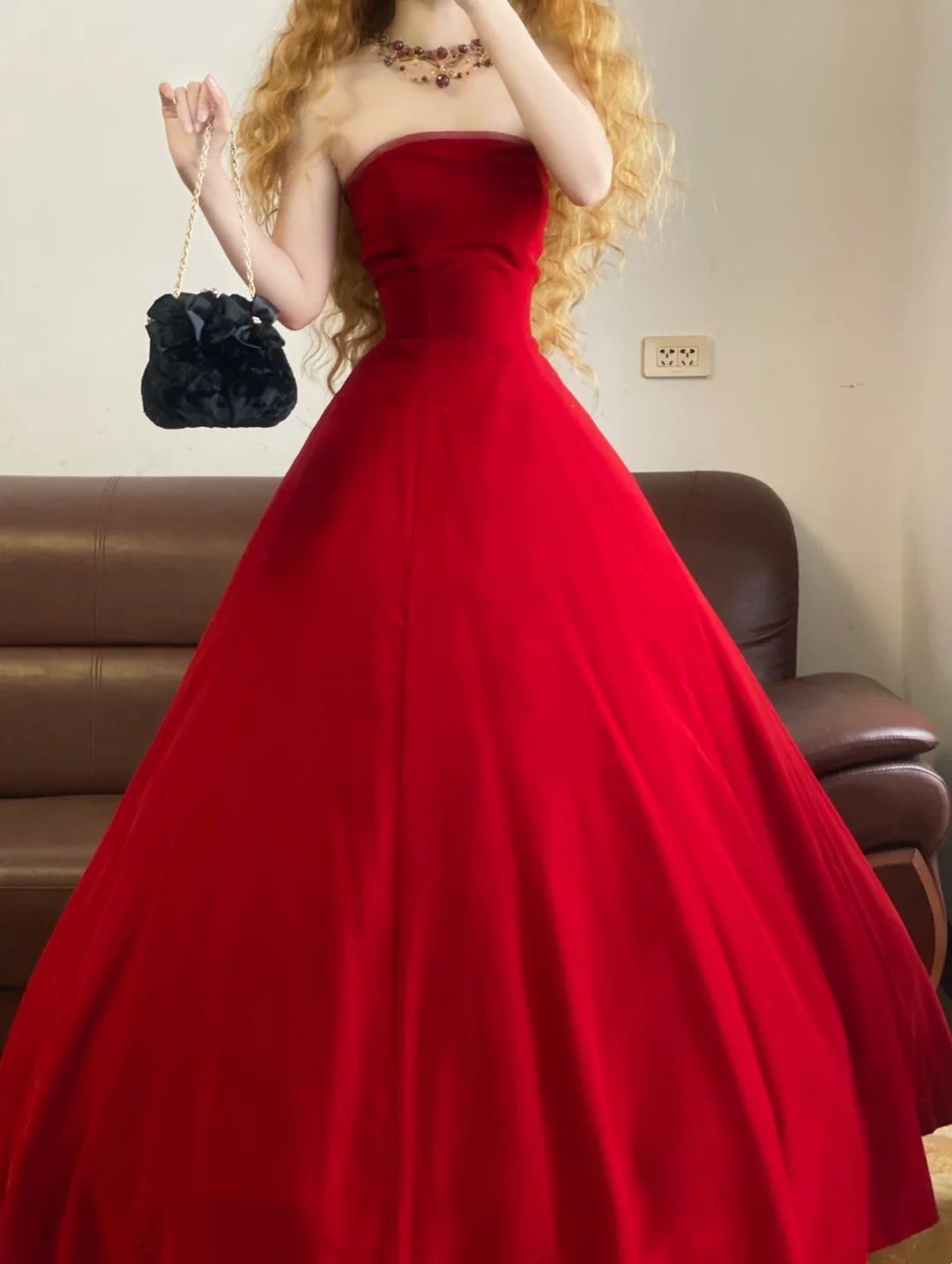 Strapless Red Velvet A-Line Prom Dress Formal Evening Dress Birthday Dress