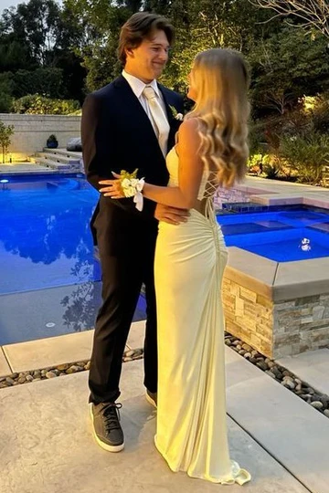 Yellow Strapless Sheath Long Prom Dress Satin Evening Dress J9525
