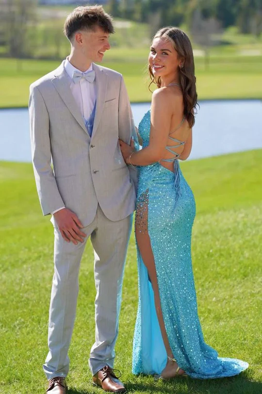 Spaghetti Straps V-Neck Blue Sequined High Slit Long Prom Dress