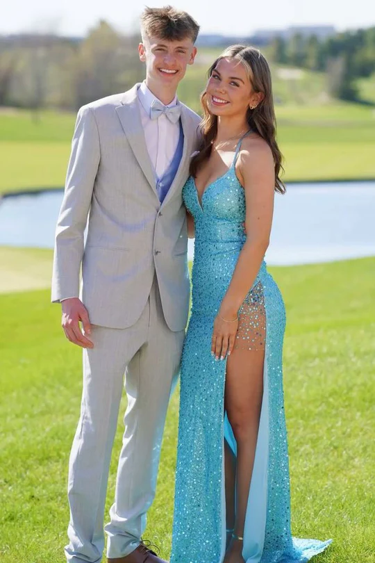 Spaghetti Straps V-Neck Blue Sequined High Slit Long Prom Dress