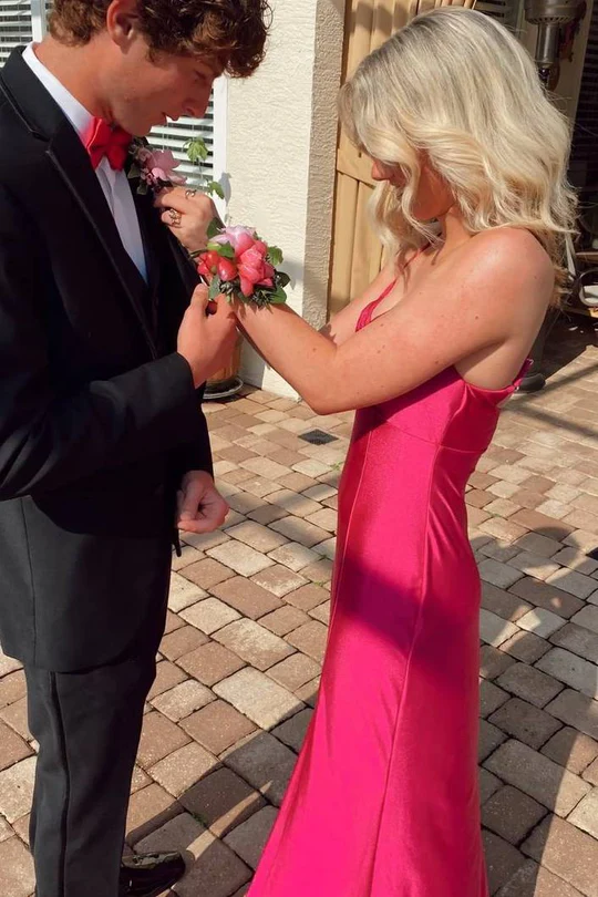 V-Neck Red Satin Long Prom Dress With Slit Sheath Evening Dress