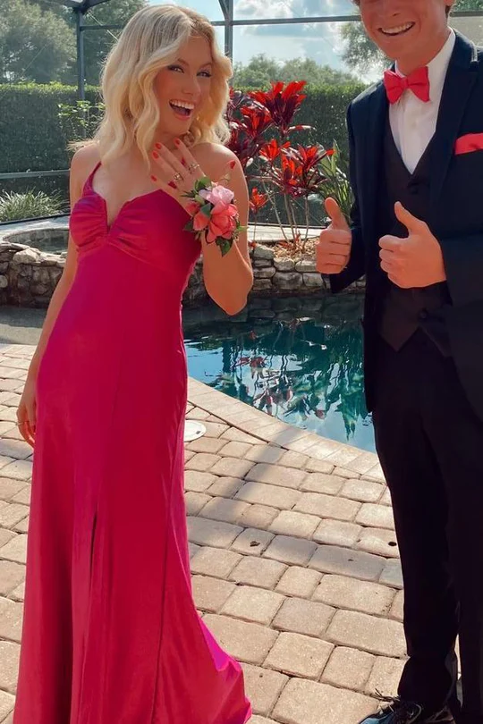 V-Neck Red Satin Long Prom Dress With Slit Sheath Evening Dress