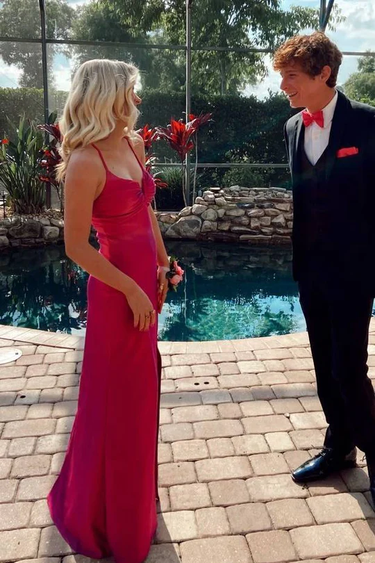 V-Neck Red Satin Long Prom Dress With Slit Sheath Evening Dress