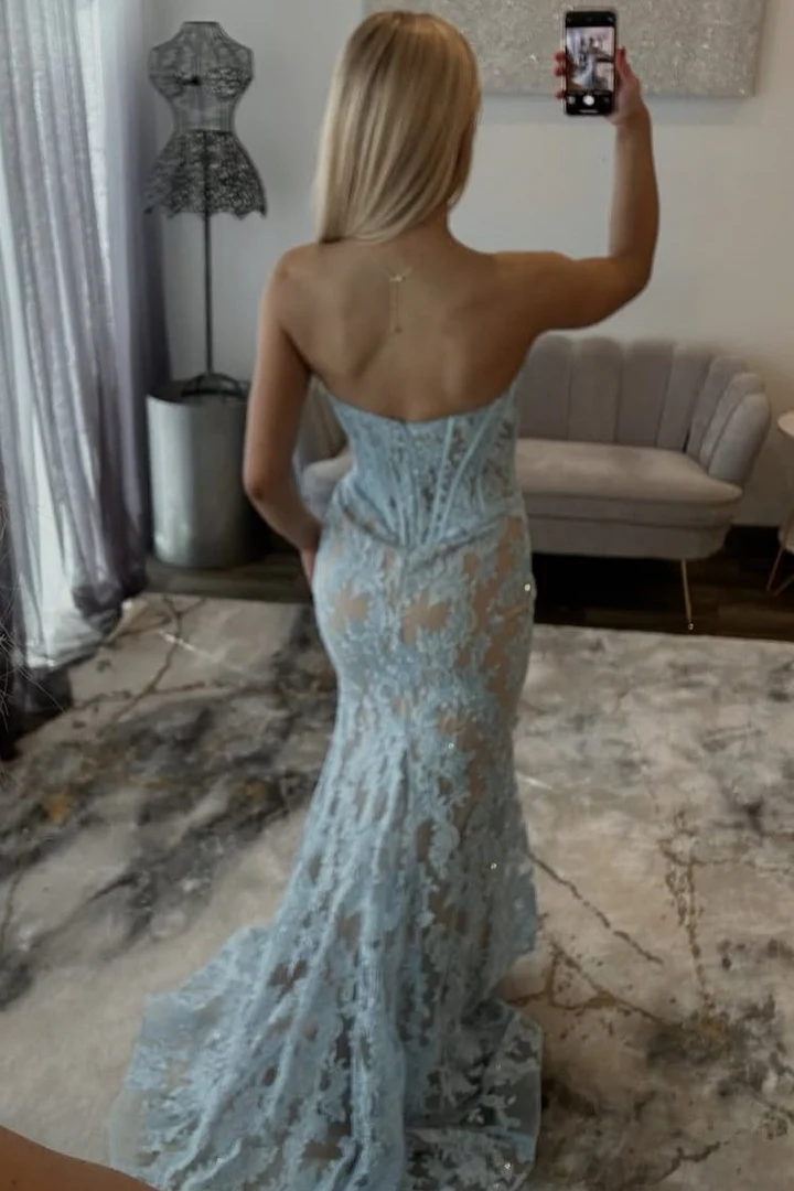 Strapless Blue Lace Appliques Sweetheart Mermaid Prom Dress