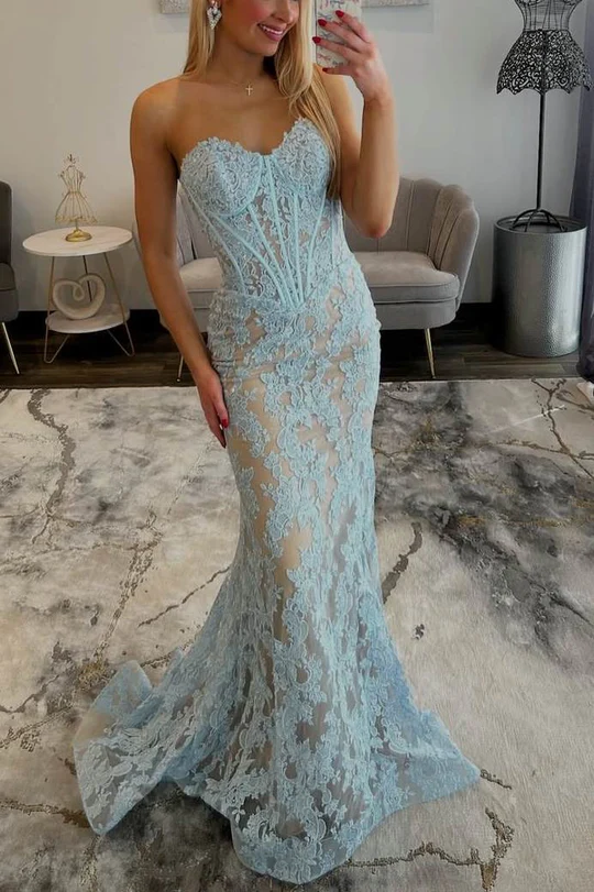 Strapless Blue Lace Appliques Sweetheart Mermaid Prom Dress