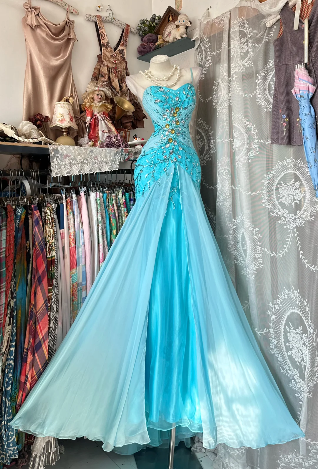 Sweetheart Blue Mermaid Prom Dress Beaded Formal Party Dress