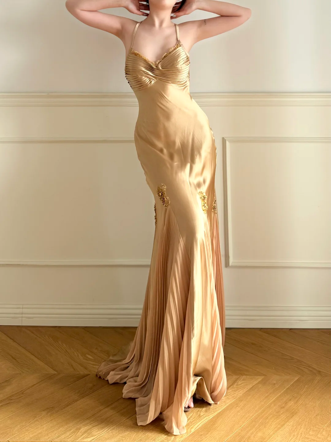 Sexy Backless Gold Prom Dress Pleated Satin Evening Dress