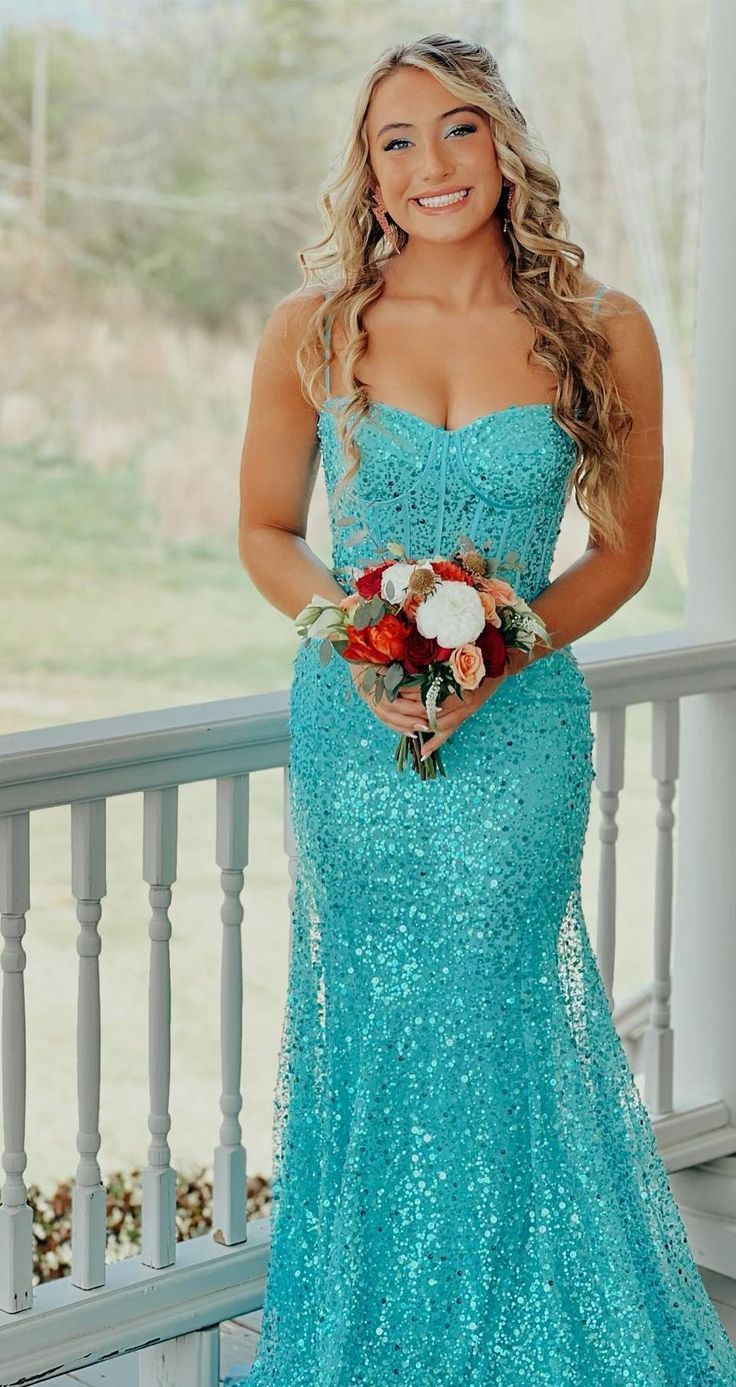Mermaid Blue Sequin Prom Dress Spaghetti Strap Evening Dress