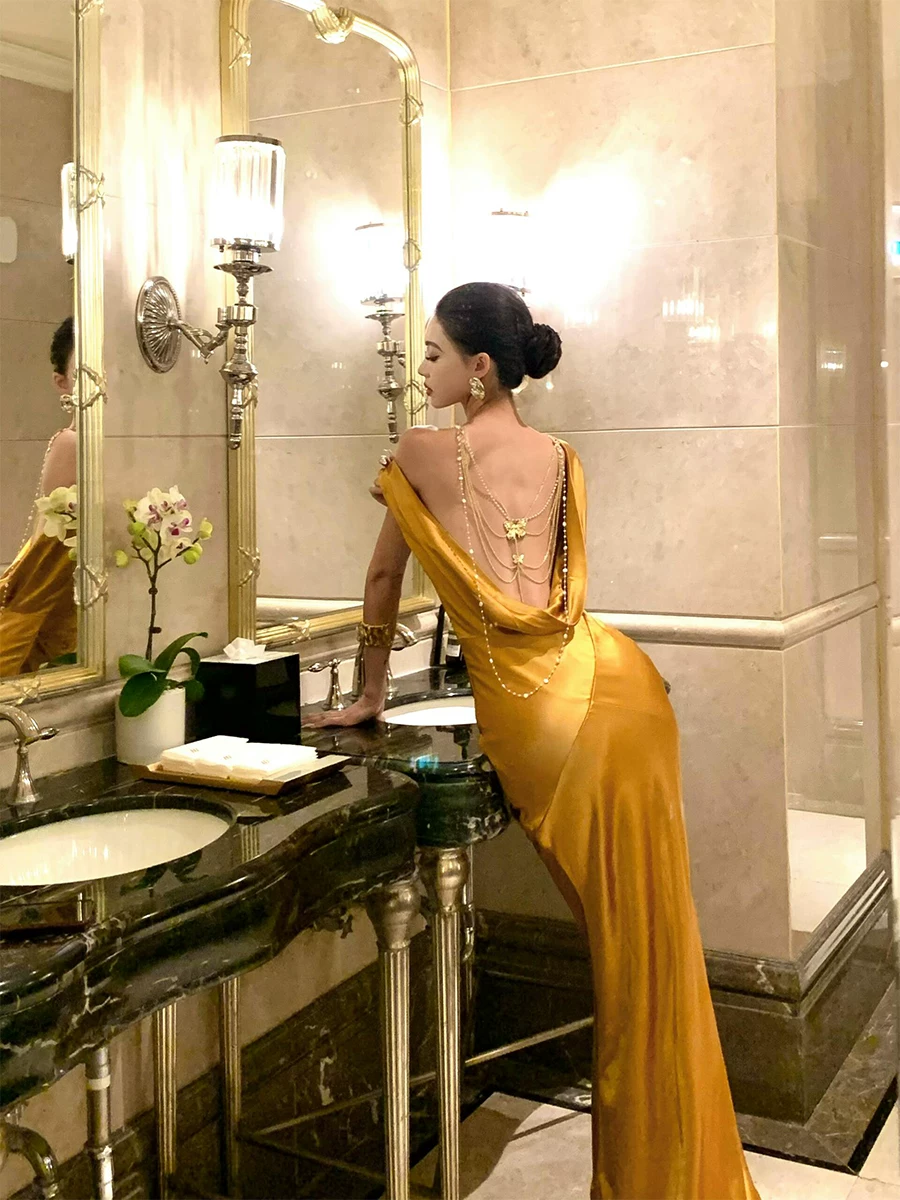 Gold Sheath Satin Prom Dress Sexy Formal Evening Dress