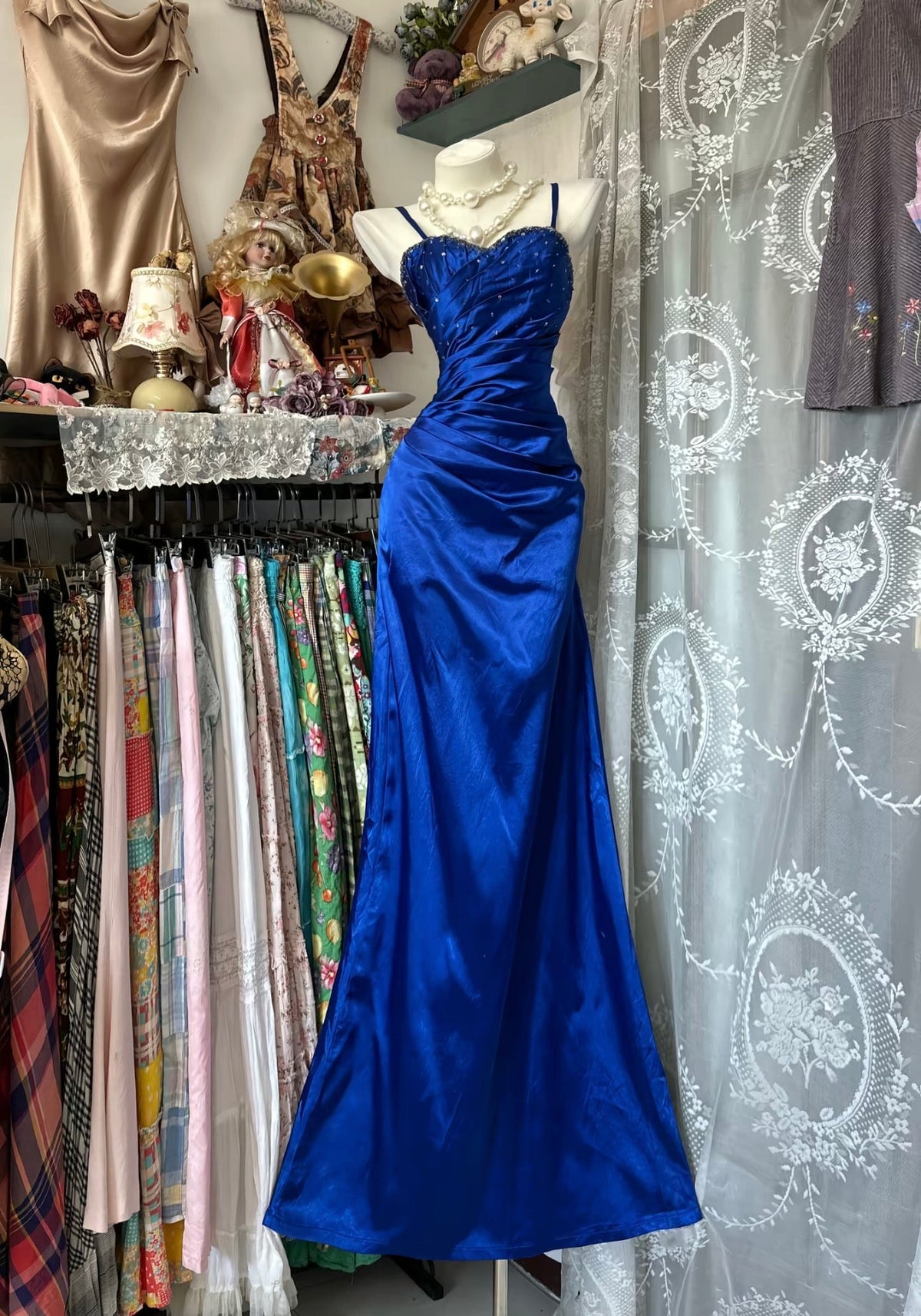Spaghetti Strap Royal Blue Prom Dress Satin Mermaid Evening Dress