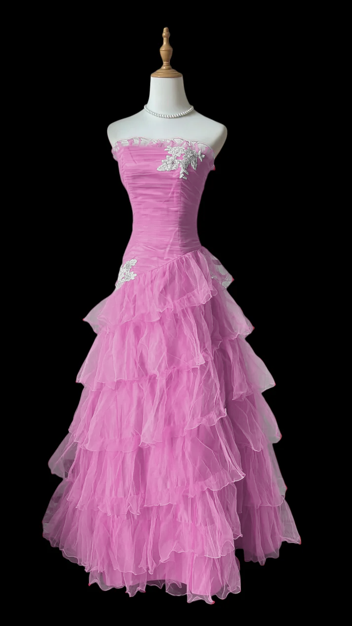 Ruffled Strapless A Line Layered Prom Dress Hot Pink Formal Dress J9590