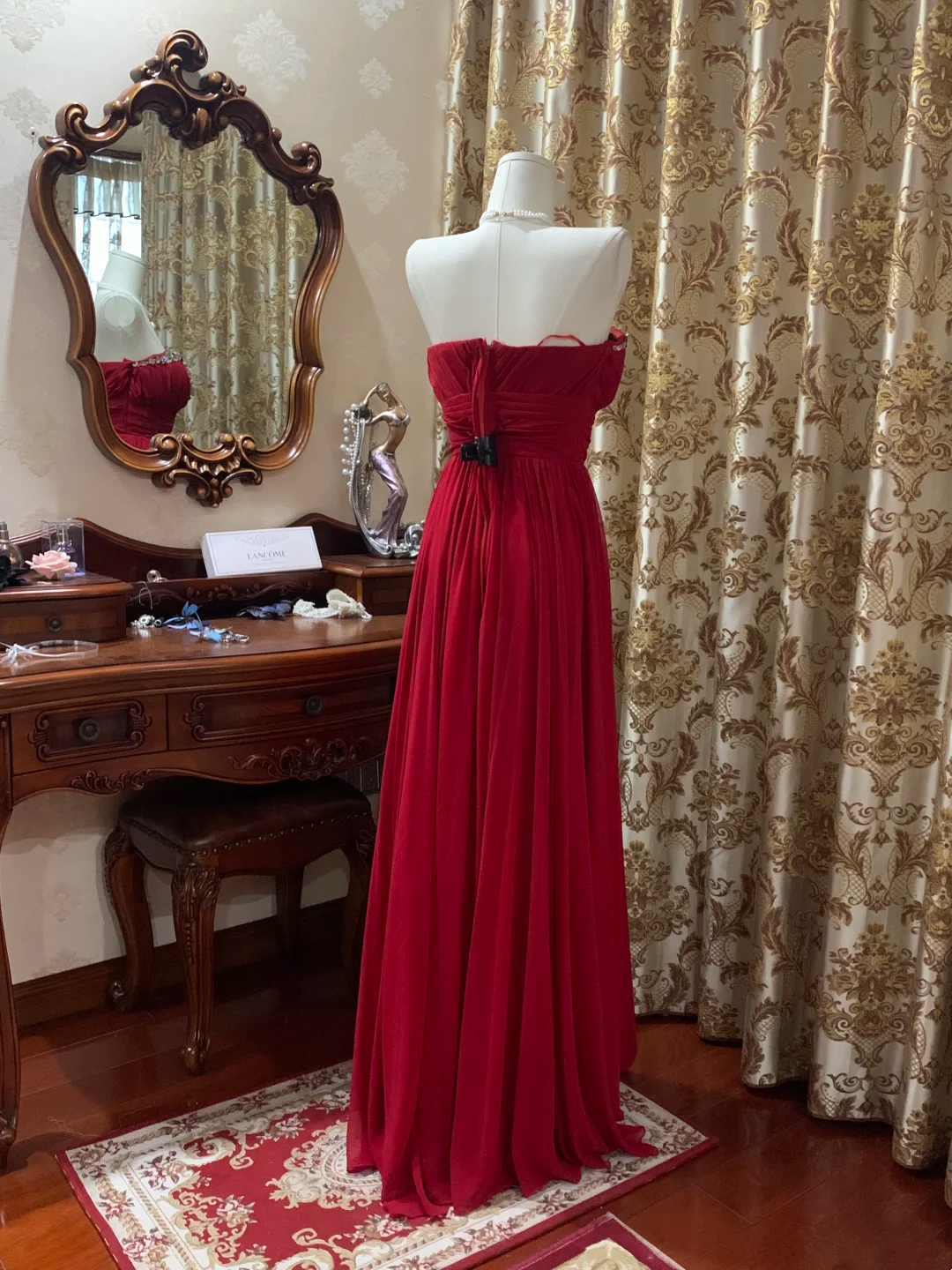 Red Chiffon Prom Dress Beaded Evening Dress Wedding Guest Dress